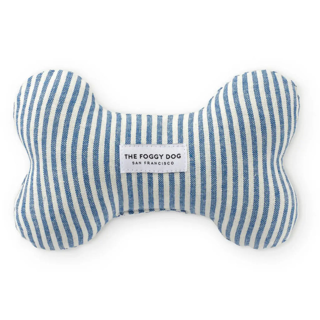 Squeaky Dog Toy with Lake Blue Stripe Design, Recycled-Fiber Plush Bone Shape and Durable Upholstery-Grade Fabric