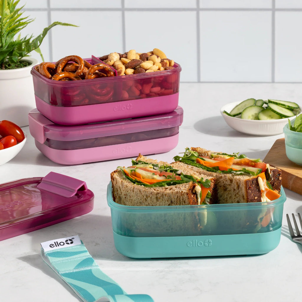 Stackable Bento Lunch Containers in a Set of Two with a Removable Divider and Stainless Steel Utensils