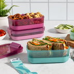 Stackable Bento Lunch Containers in a Set of Two with a Removable Divider and Stainless Steel Utensils
