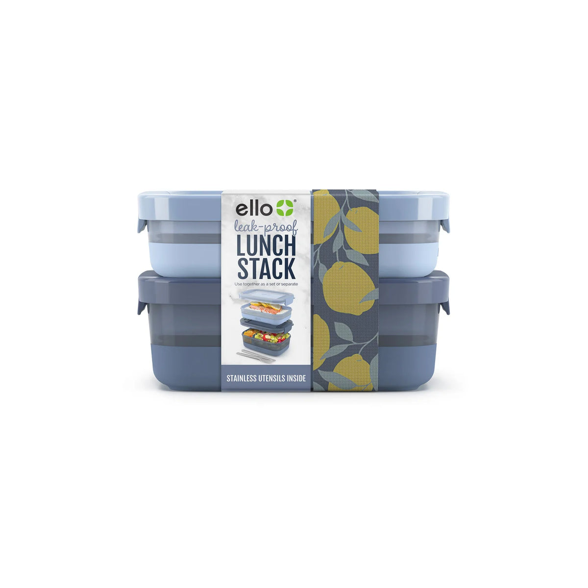 Stackable Bento Lunch Containers in a Set of Two with a Removable Divider and Stainless Steel Utensils
