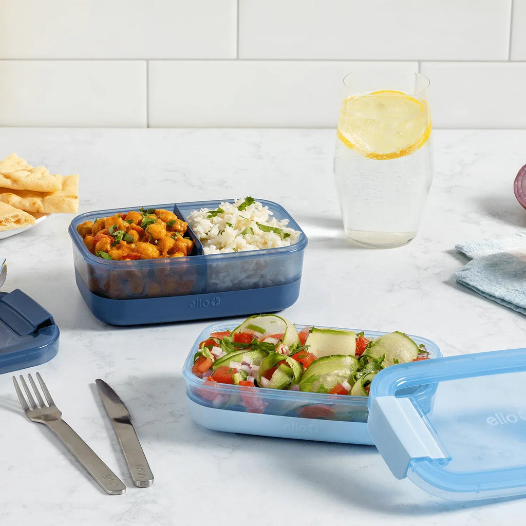 Stackable Bento Lunch Containers in a Set of Two with a Removable Divider and Stainless Steel Utensils