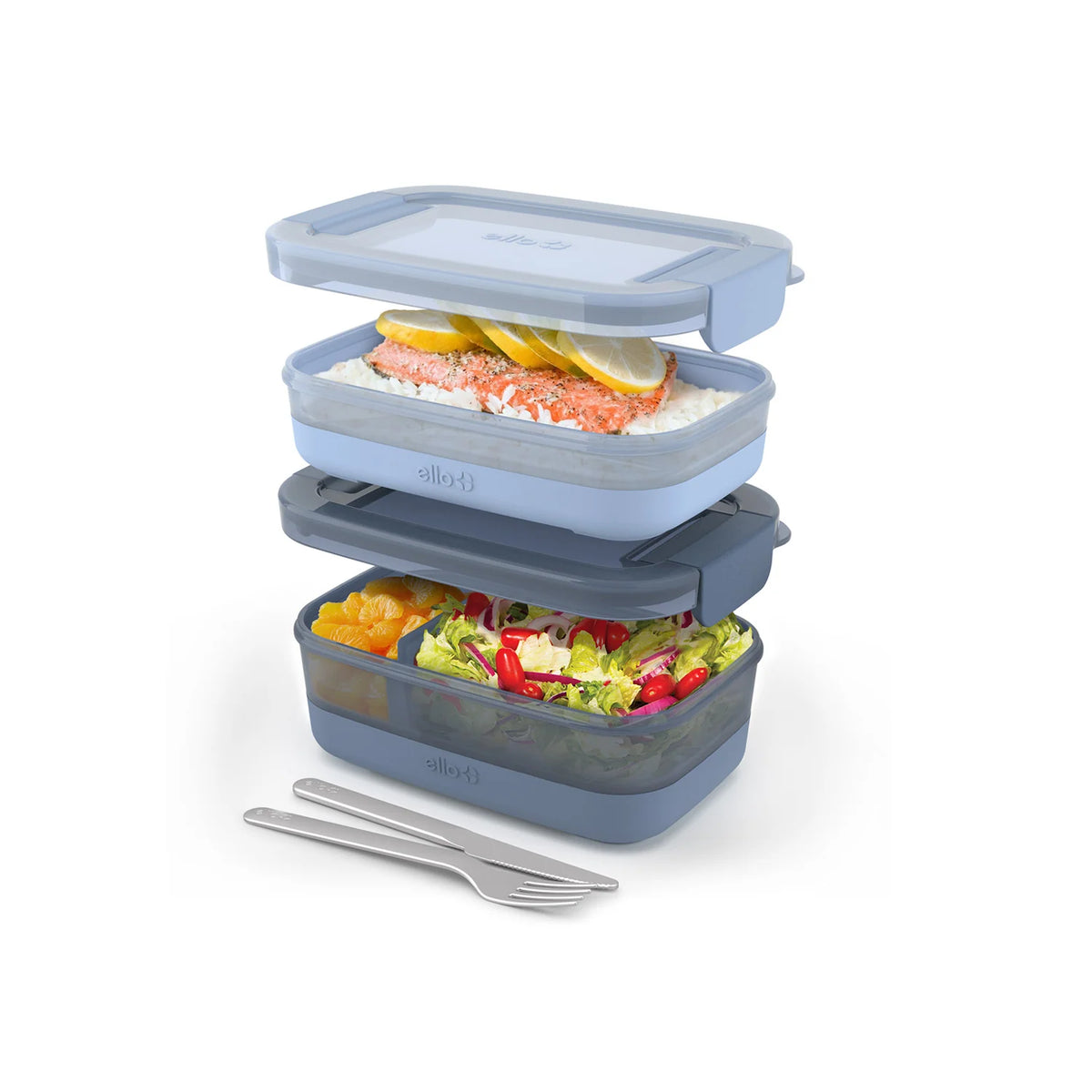 Stackable Bento Lunch Containers in a Set of Two with a Removable Divider and Stainless Steel Utensils