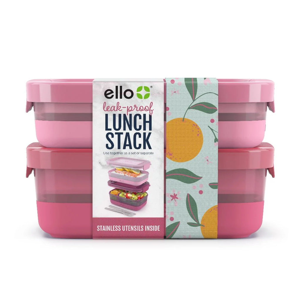 Stackable Bento Lunch Containers in a Set of Two with a Removable Divider and Stainless Steel Utensils
