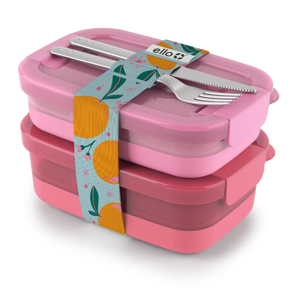 Stackable Bento Lunch Containers in a Set of Two with a Removable Divider and Stainless Steel Utensils