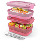 Stackable Bento Lunch Containers in a Set of Two with a Removable Divider and Stainless Steel Utensils
