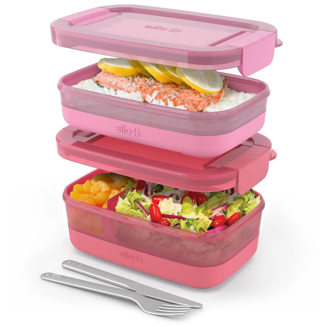 Stackable Bento Lunch Containers in a Set of Two with a Removable Divider and Stainless Steel Utensils