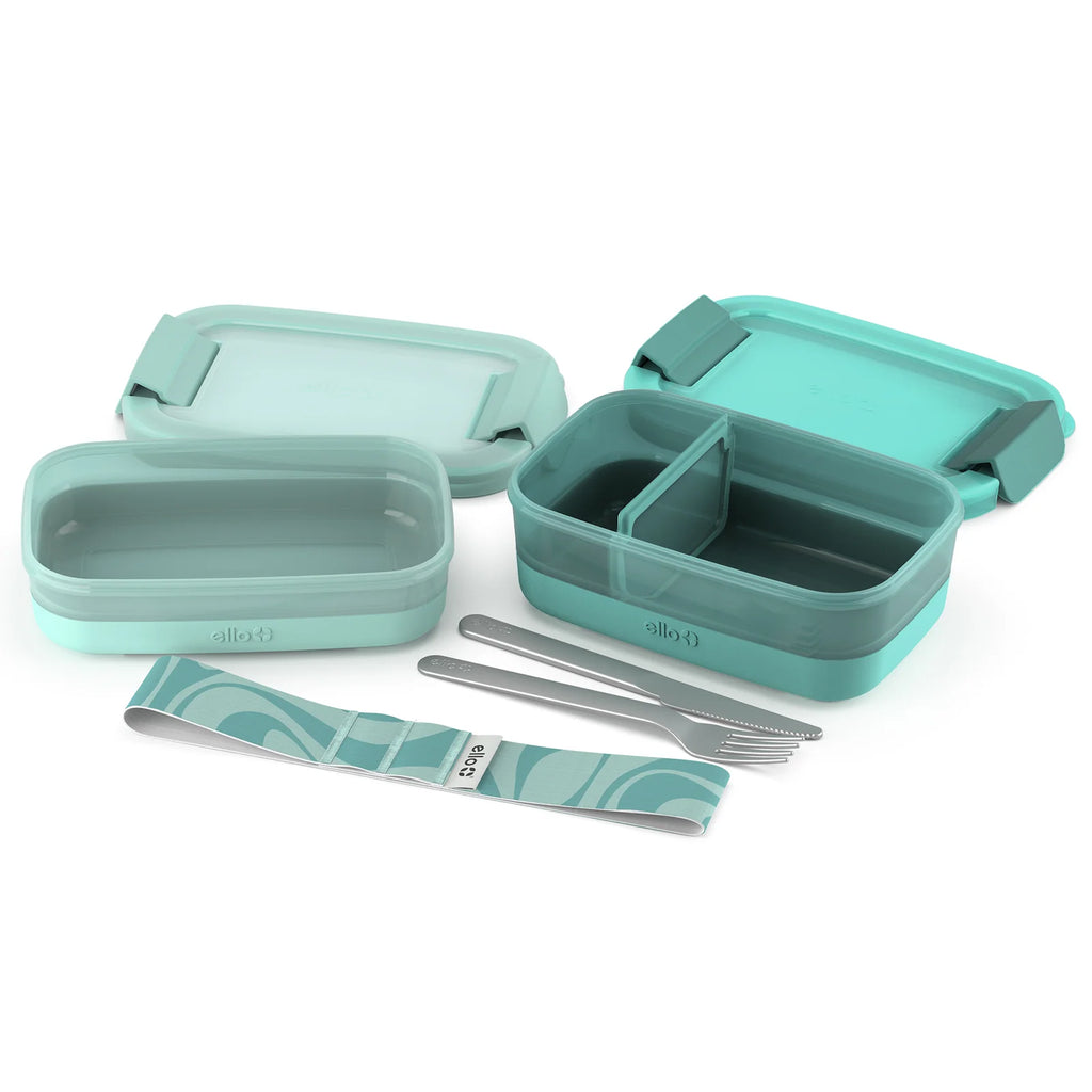Stackable Bento Lunch Containers in a Set of Two with a Removable Divider and Stainless Steel Utensils