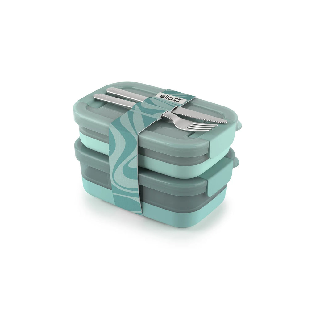 Stackable Bento Lunch Containers in a Set of Two with a Removable Divider and Stainless Steel Utensils
