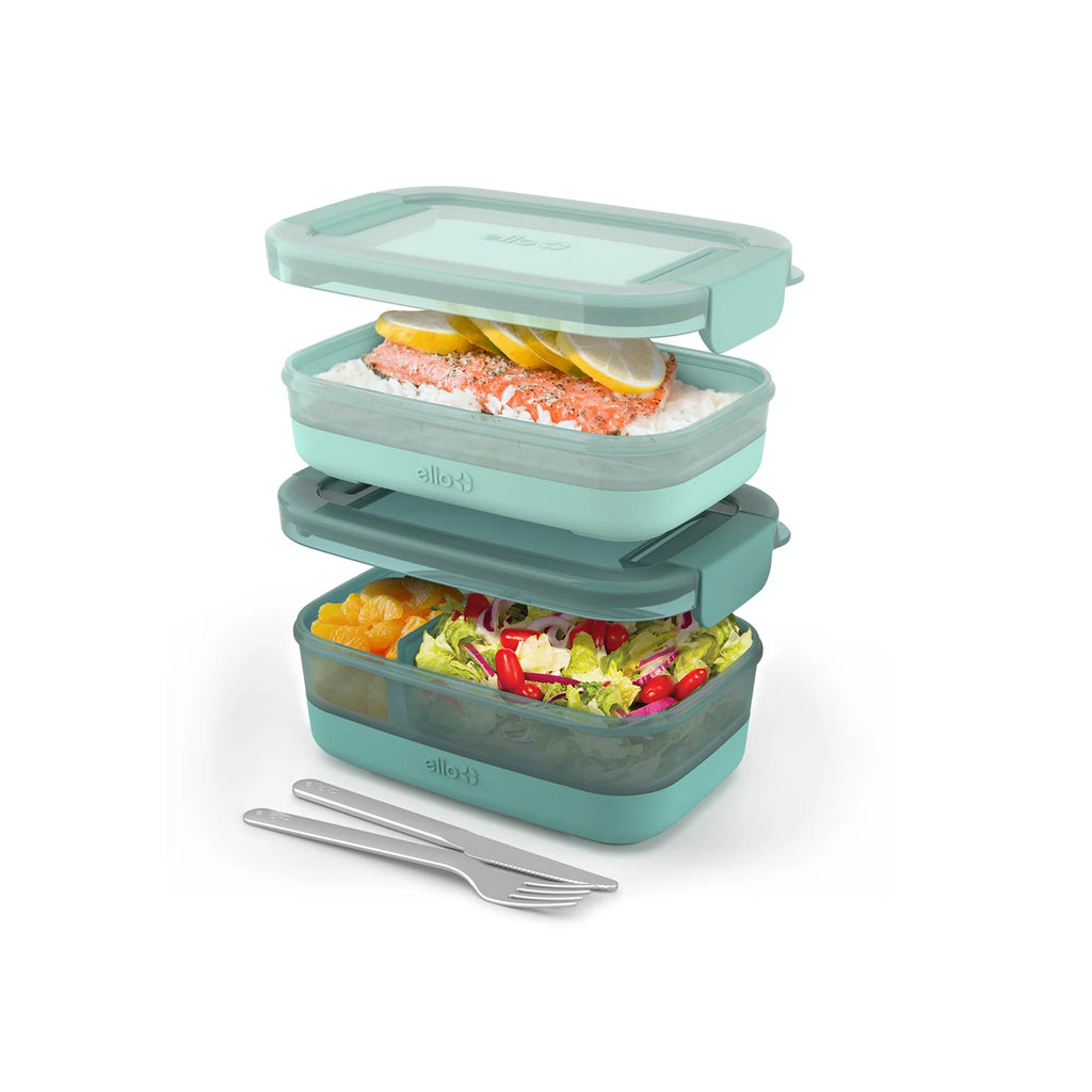 Stackable Bento Lunch Containers in a Set of Two with a Removable Divider and Stainless Steel Utensils