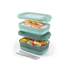 Stackable Bento Lunch Containers in a Set of Two with a Removable Divider and Stainless Steel Utensils