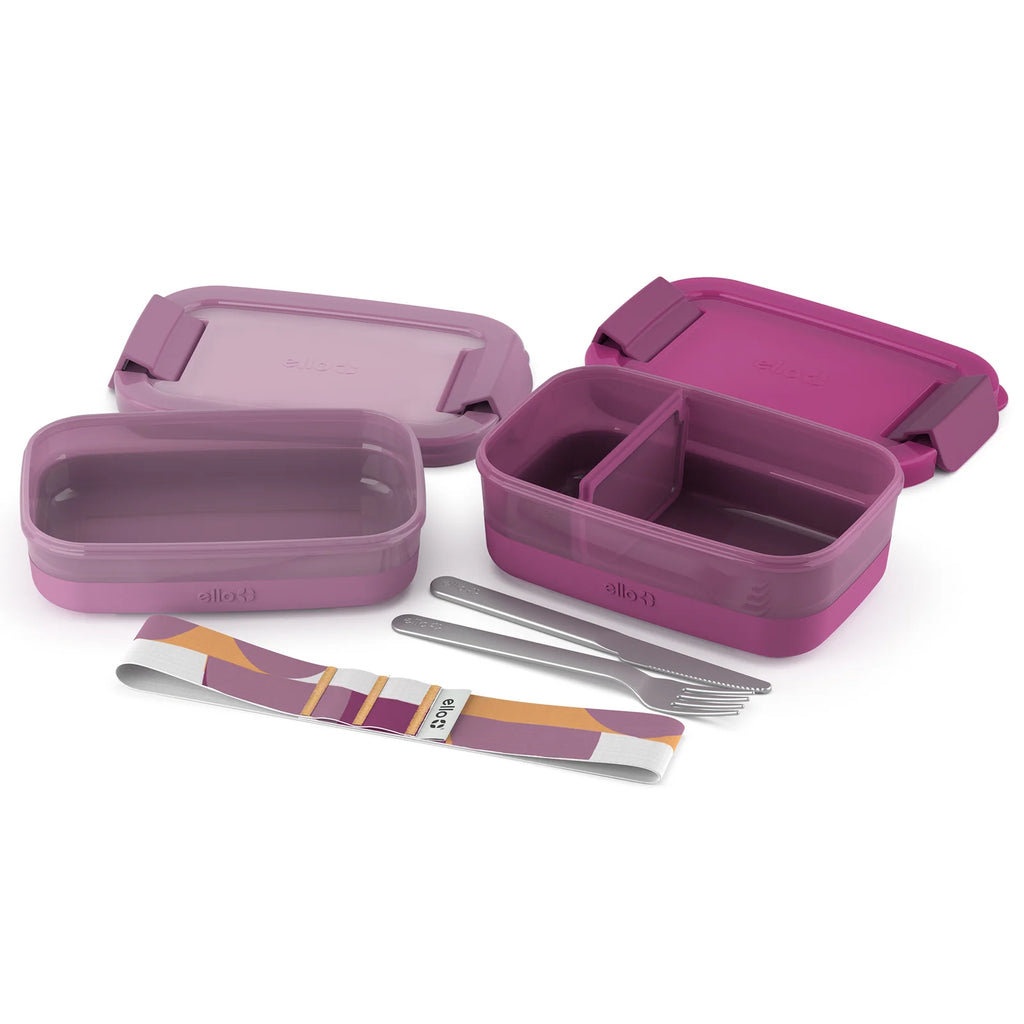 Stackable Bento Lunch Containers in a Set of Two with a Removable Divider and Stainless Steel Utensils