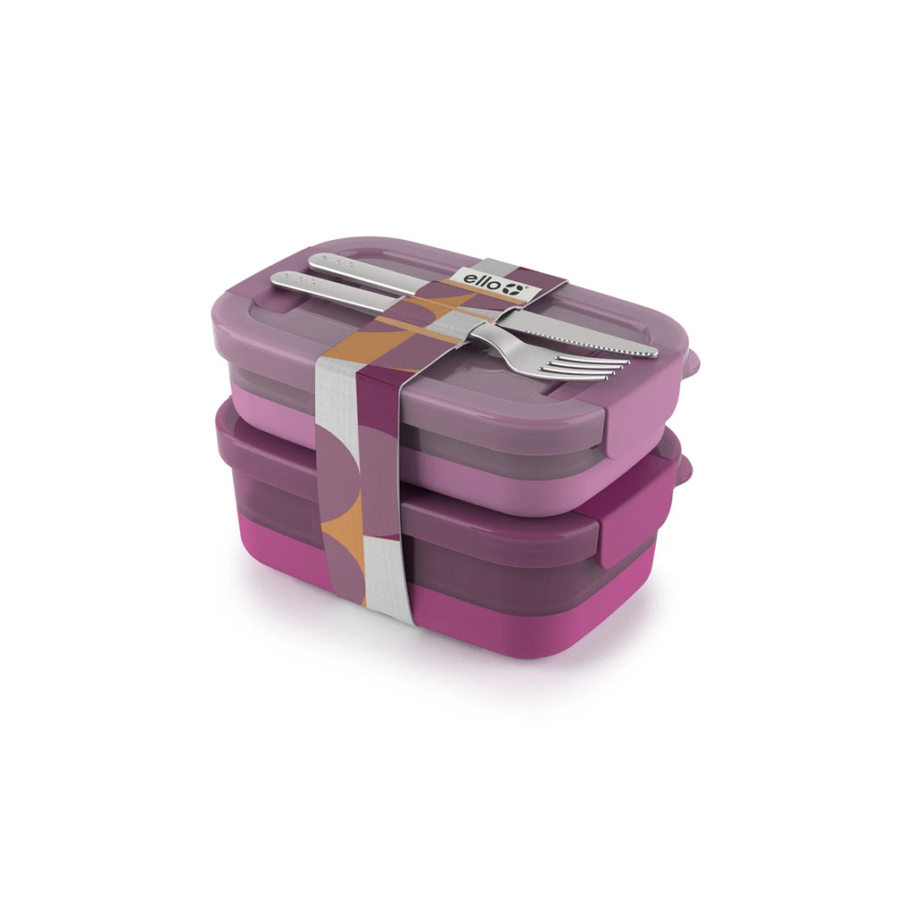 Stackable Bento Lunch Containers in a Set of Two with a Removable Divider and Stainless Steel Utensils