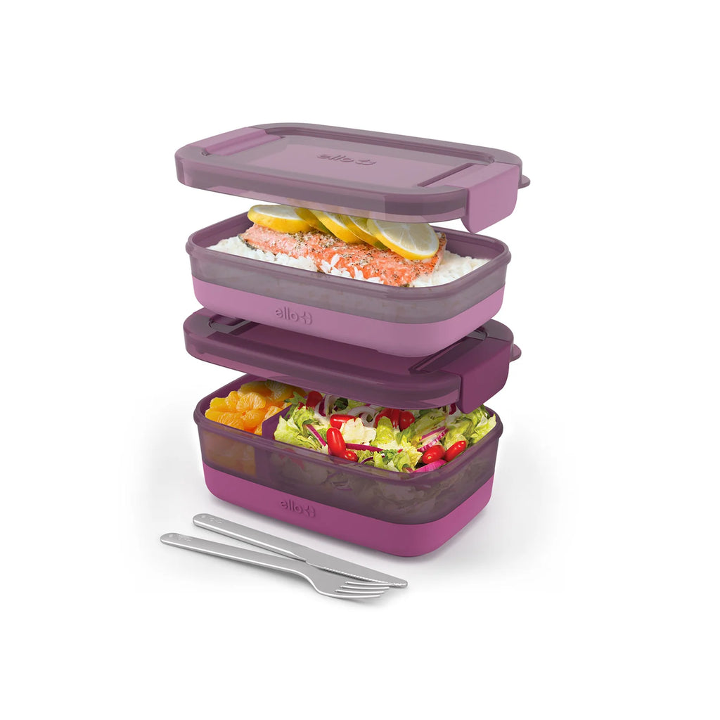 Stackable Bento Lunch Containers in a Set of Two with a Removable Divider and Stainless Steel Utensils