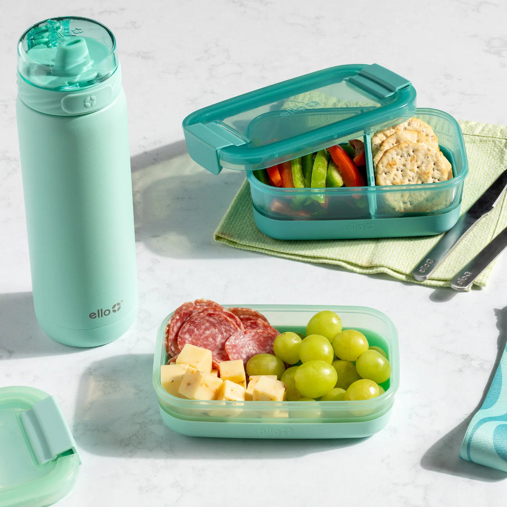 Stackable Bento Lunch Containers in a Set of Two with a Removable Divider and Stainless Steel Utensils