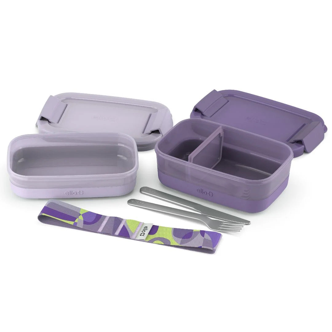Stackable Bento Lunch Containers in a Set of Two with a Removable Divider and Stainless Steel Utensils