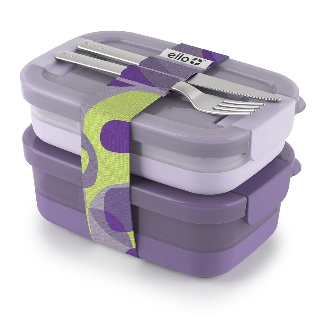 Stackable Bento Lunch Containers in a Set of Two with a Removable Divider and Stainless Steel Utensils