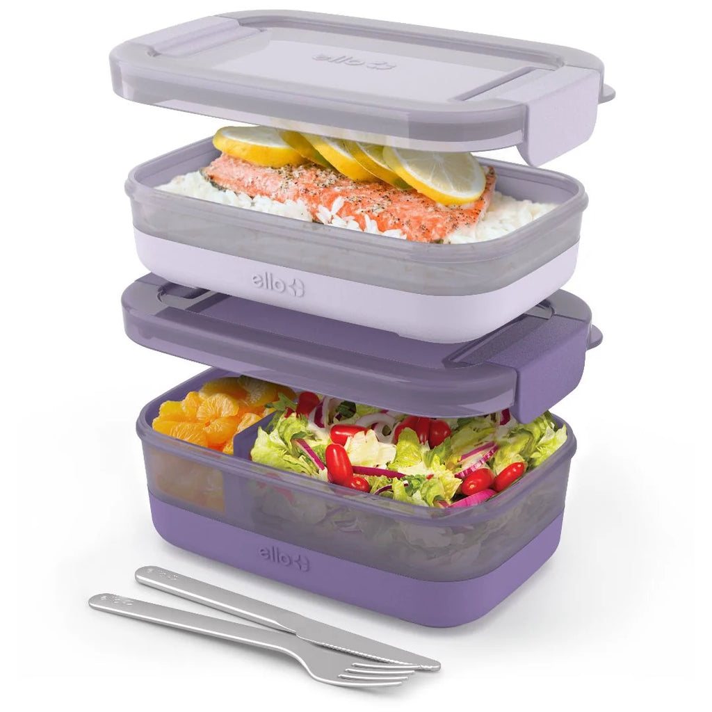 Stackable Bento Lunch Containers in a Set of Two with a Removable Divider and Stainless Steel Utensils