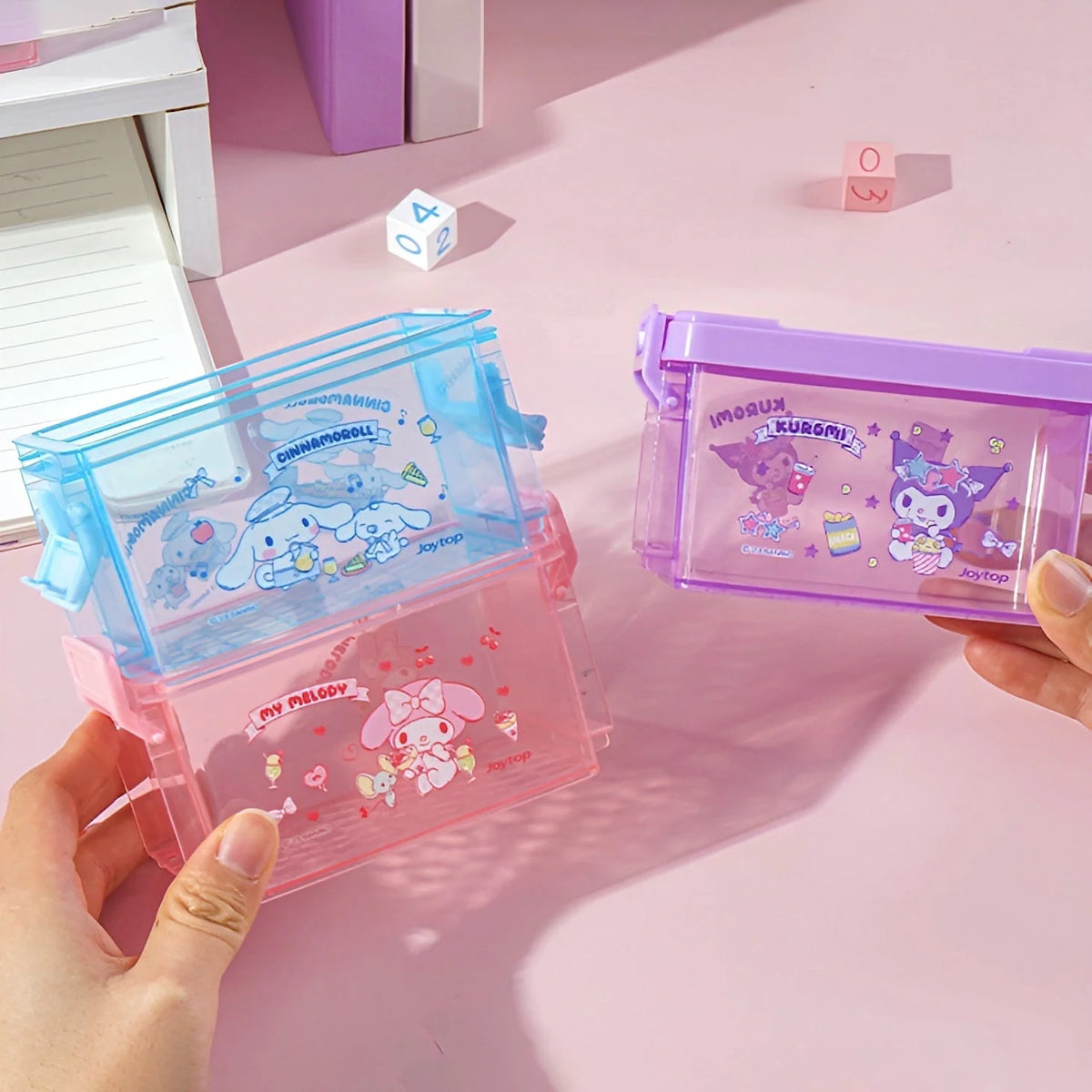 Stackable Sanrio Storage Boxes Set of 3 with Kuromi, Cinnamoroll and My Melody Designs · stackable storage boxes