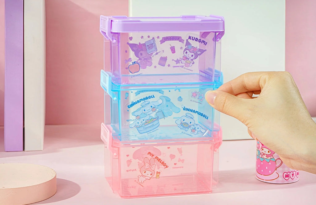 Stackable Sanrio Storage Boxes Set of 3 with Kuromi, Cinnamoroll and My Melody Designs · stackable storage boxes