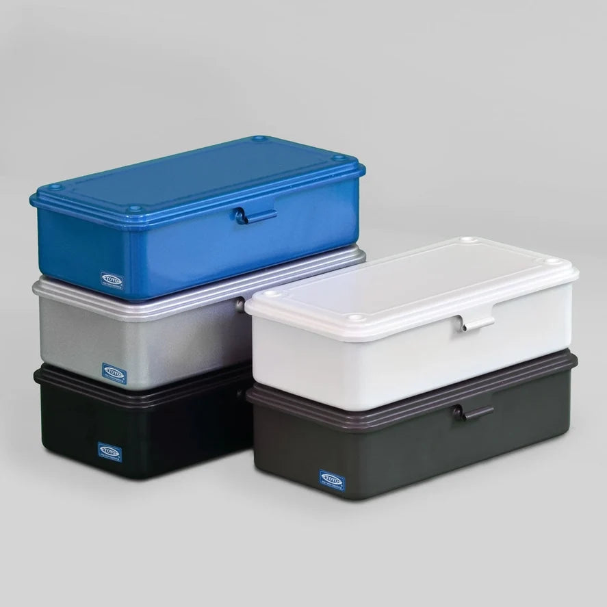 Stackable Steel Storage Box T-190 with an Interlocking Lid and Spring-Loaded Latch for Desk Organization