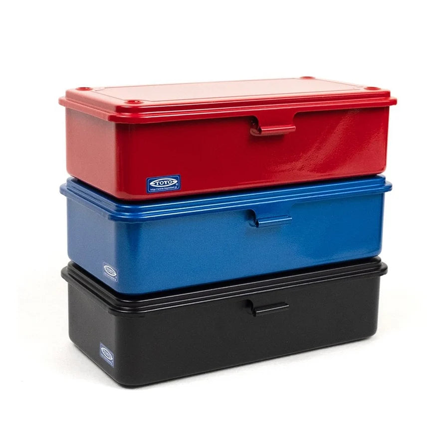 Stackable Steel Storage Box T-190 with an Interlocking Lid and Spring-Loaded Latch for Desk Organization