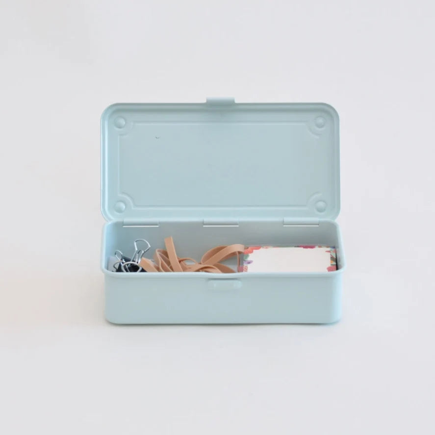 Stackable Steel Storage Box T-190 with an Interlocking Lid and Spring-Loaded Latch for Desk Organization