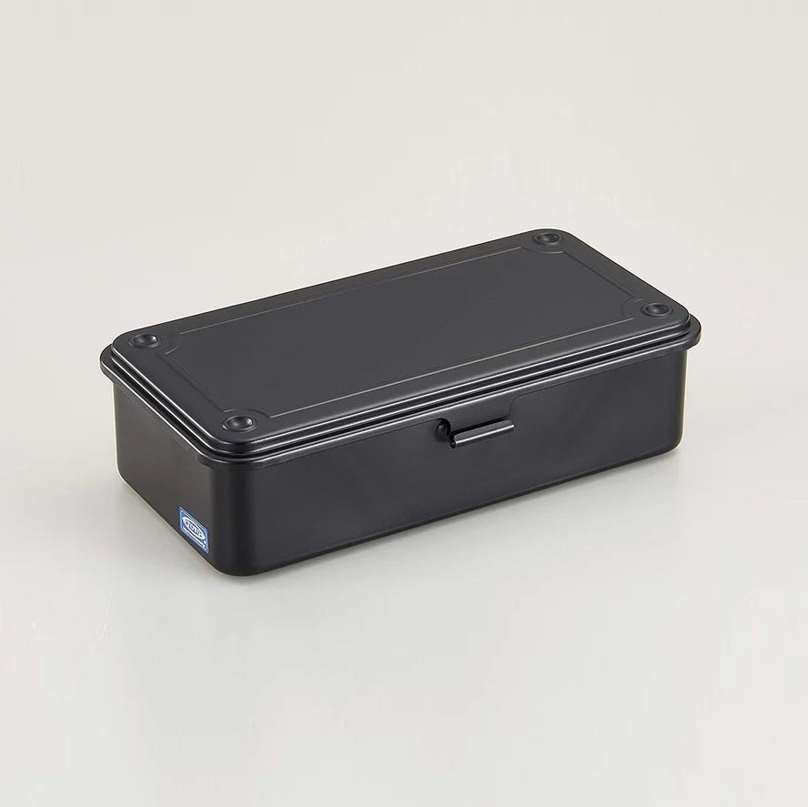 Stackable Steel Storage Box T-190 with an Interlocking Lid and Spring-Loaded Latch for Desk Organization — Black