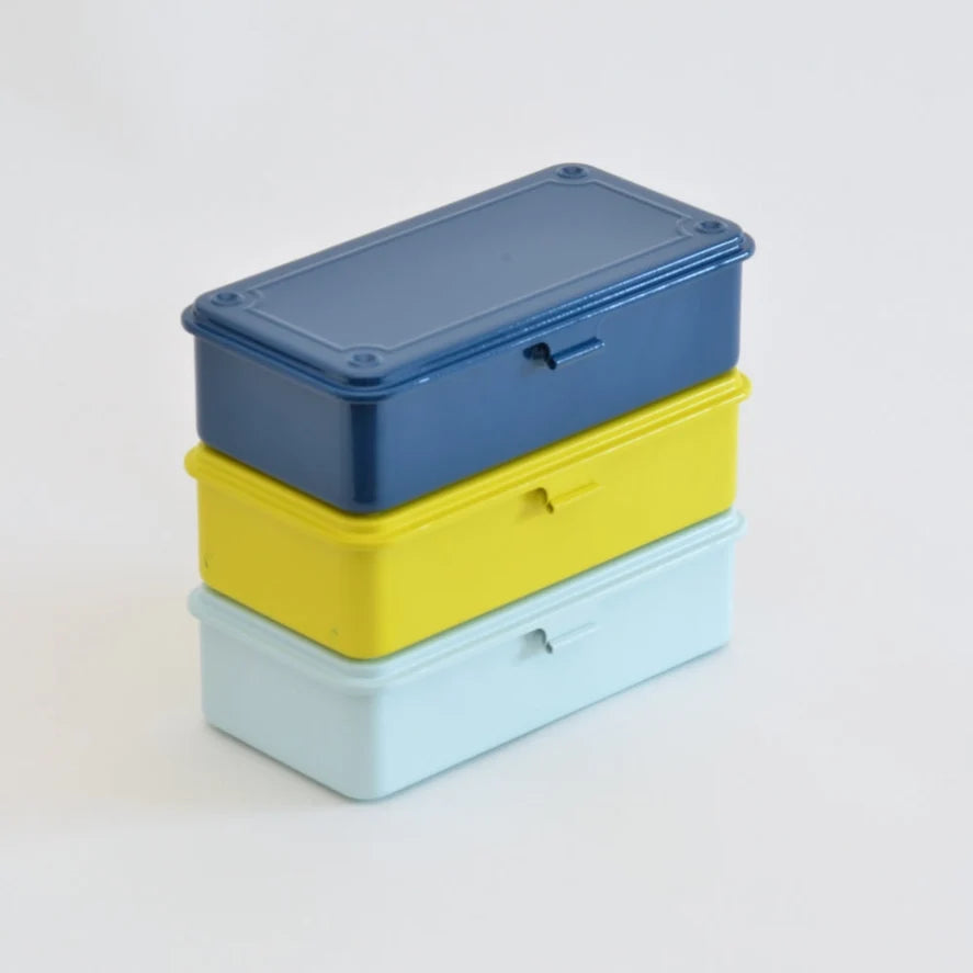 Stackable Steel Storage Box T-190 with an Interlocking Lid and Spring-Loaded Latch for Desk Organization
