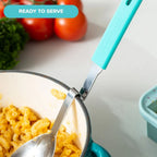 Stainless Steel Serving Utensils with Cool-Touch Silicone Handles and a Balanced Pot-Rim Resting Design