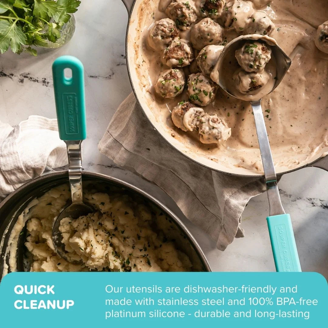 Stainless Steel Serving Utensils with Cool-Touch Silicone Handles and a Balanced Pot-Rim Resting Design