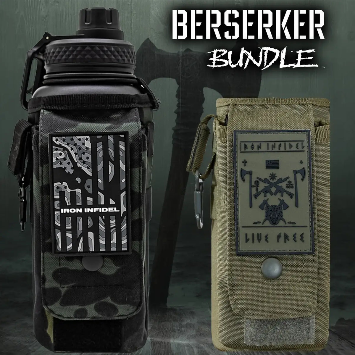 Stainless Steel Water Bottle Bundle, 32 oz, with Two Interchangeable Sleeves and Chug and Straw Caps — Berserker