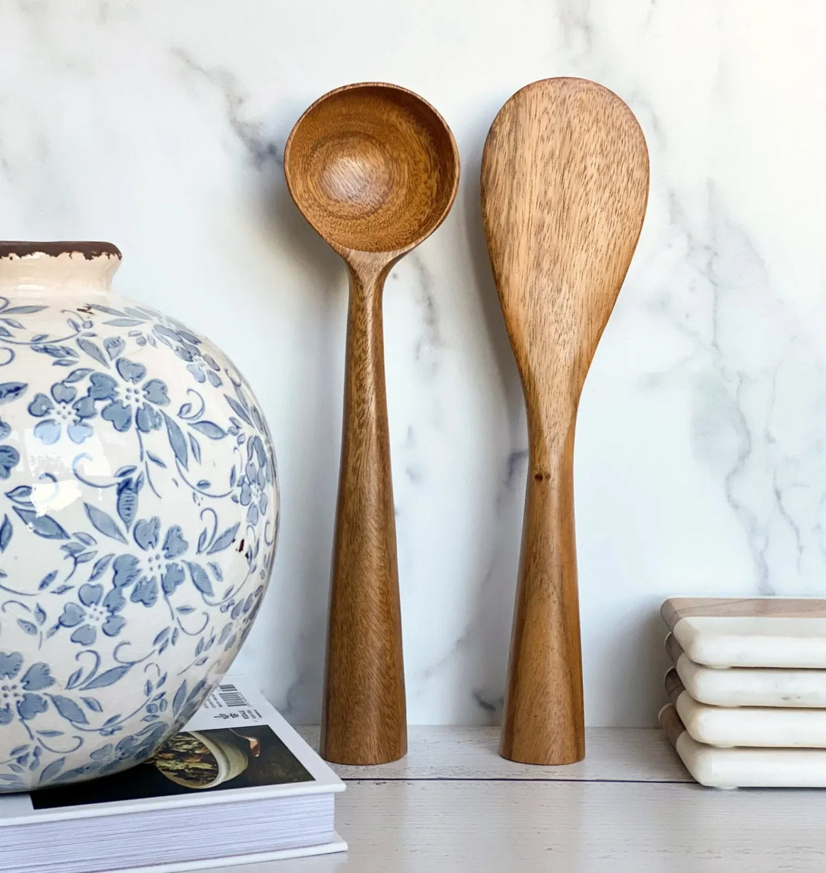 Standing Serving Spoons in Hand-Carved Acacia Wood, Set of 2