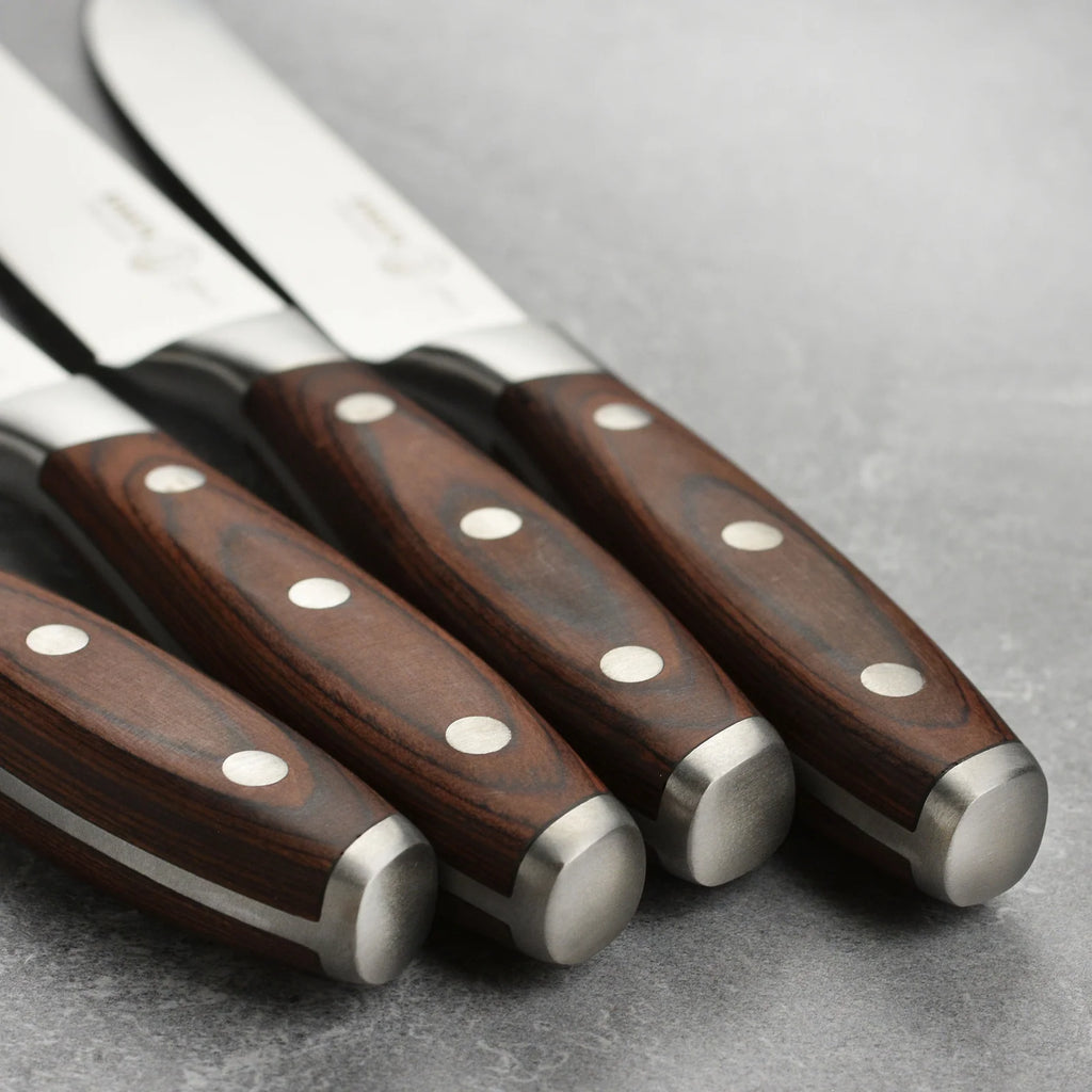 Steak Knife Set with Forged German Stainless Steel Blades and Pakkawood Handles for Serving Tender Cuts