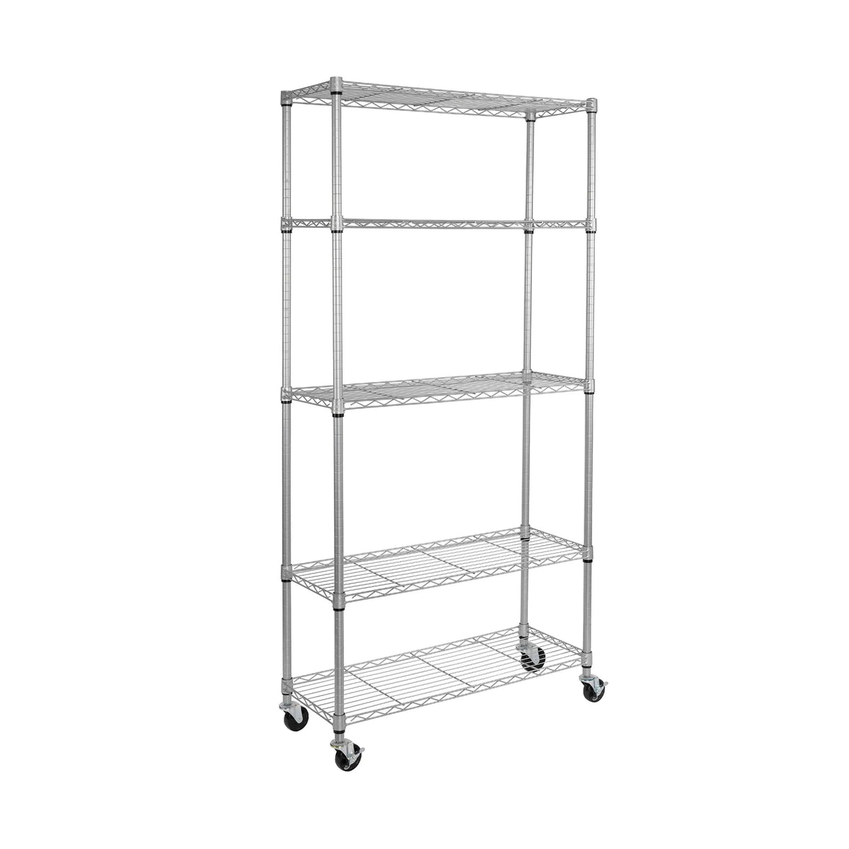 Steel Wire Shelving Unit with Five Adjustable Shelves and a Choice of Wheels or Leveling Feet