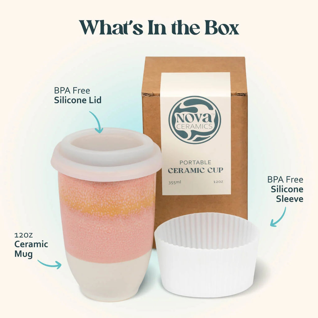 Stoneware Ceramic Travel Cup, 12 oz, with Fitted Silicone Lid and Sleeve for Coffee at Home or On the Go