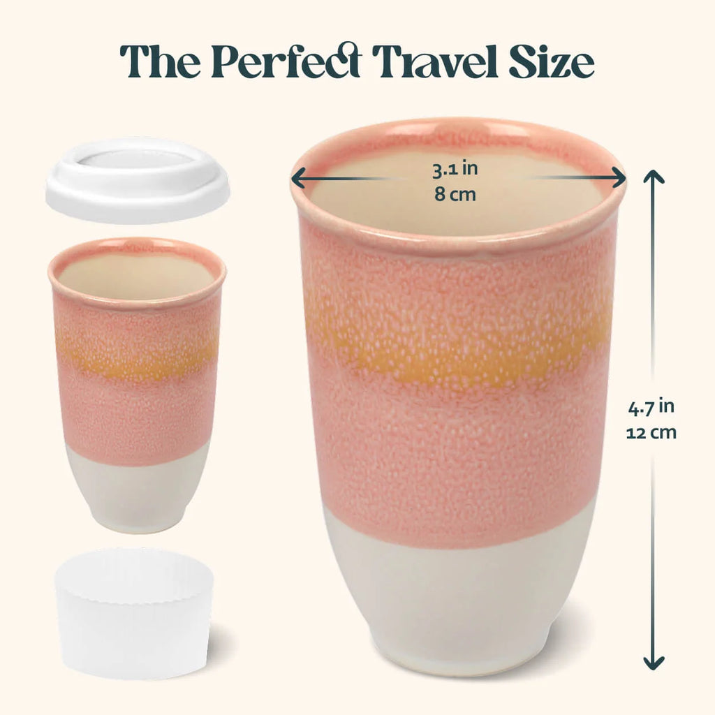 Stoneware Ceramic Travel Cup, 12 oz, with Fitted Silicone Lid and Sleeve for Coffee at Home or On the Go