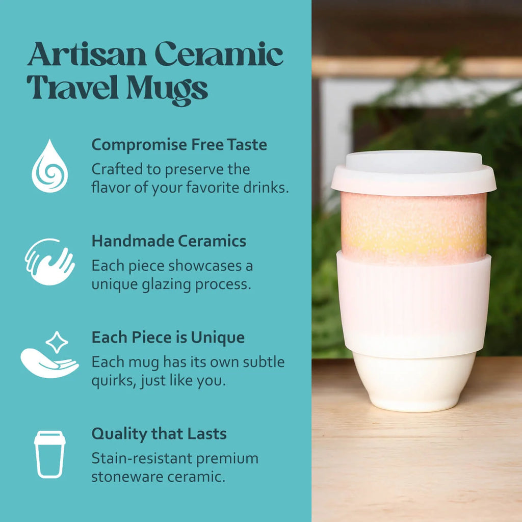 Stoneware Ceramic Travel Cup, 12 oz, with Fitted Silicone Lid and Sleeve for Coffee at Home or On the Go