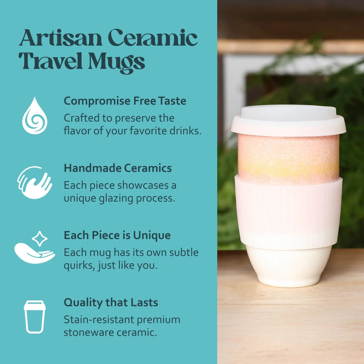 Stoneware Ceramic Travel Cup, 12 oz, with Fitted Silicone Lid and Sleeve for Coffee at Home or On the Go