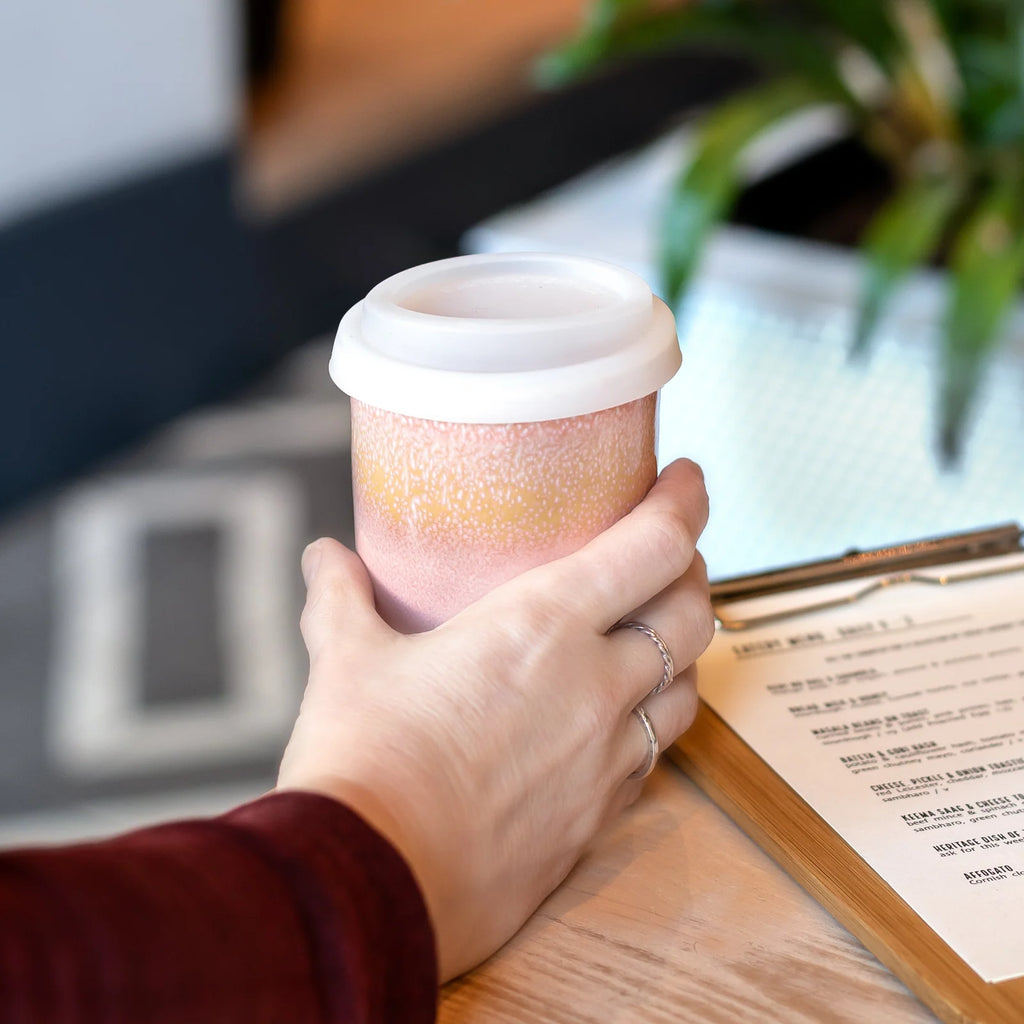 Stoneware Ceramic Travel Cup, 12 oz, with Fitted Silicone Lid and Sleeve for Coffee at Home or On the Go
