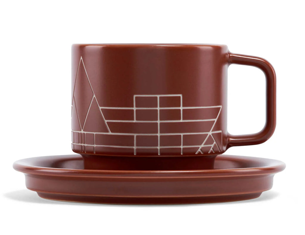 Stoneware Tea Cup and Saucer Set with Frank Lloyd Wright Terra Etching, Sienna Finish and 8-Ounce Cup