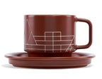 Stoneware Tea Cup and Saucer Set with Frank Lloyd Wright Terra Etching, Sienna Finish and 8-Ounce Cup