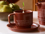 Stoneware Tea Cup and Saucer Set with Frank Lloyd Wright Terra Etching, Sienna Finish and 8-Ounce Cup