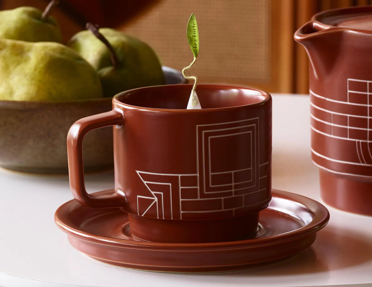 Stoneware Tea Cup and Saucer Set with Frank Lloyd Wright Terra Etching, Sienna Finish and 8-Ounce Cup