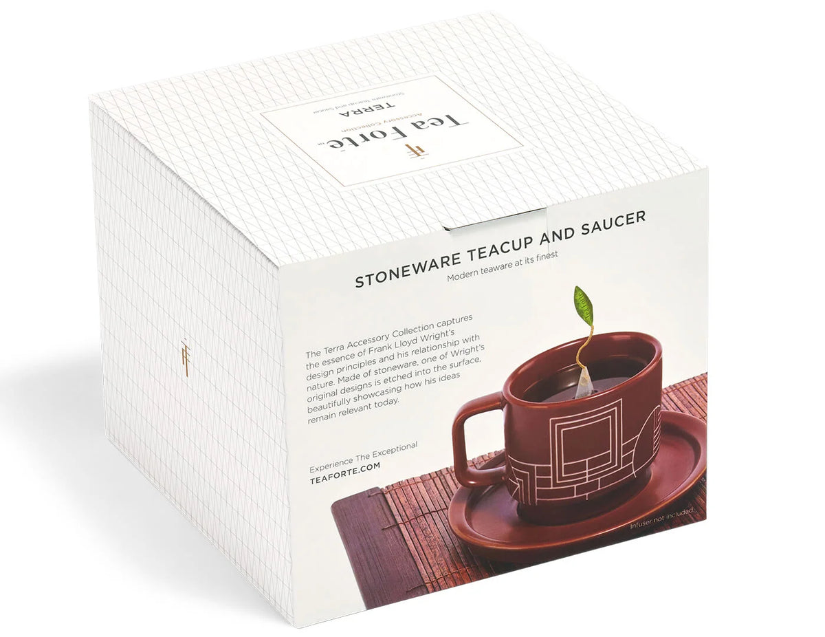 Stoneware Tea Cup and Saucer Set with Frank Lloyd Wright Terra Etching, Sienna Finish and 8-Ounce Cup