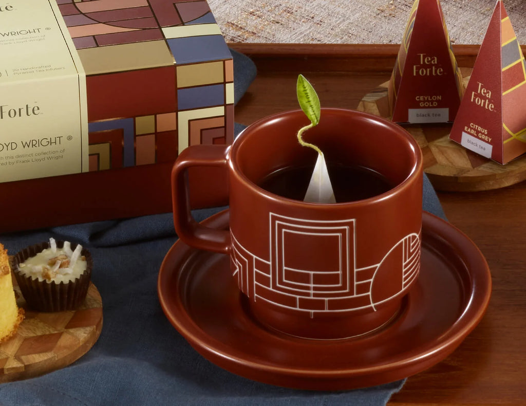 Stoneware Tea Cup and Saucer Set with Frank Lloyd Wright Terra Etching, Sienna Finish and 8-Ounce Cup