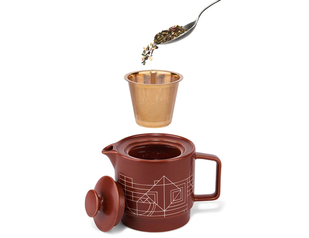 Stoneware Teapot with Gold Stainless Steel Infuser, 20-Ounce Capacity and Frank Lloyd Wright Terra Design