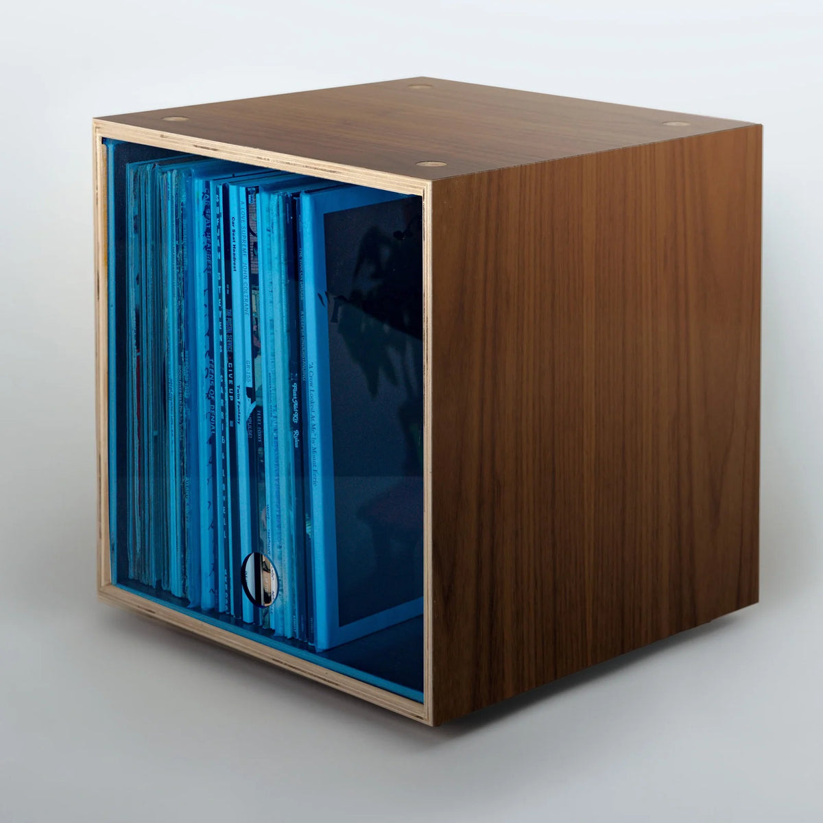 Storage Cube in Walnut Finish, Clear Blue-Divots