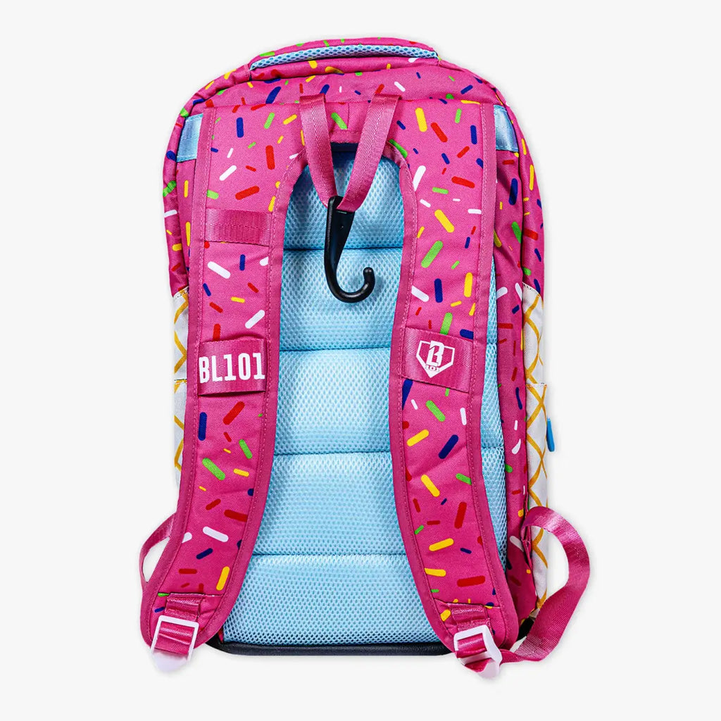 Strawberry Ice Cream Backpack for School and Baseball with Side Laptop Access and Expandable Bottle Pouches