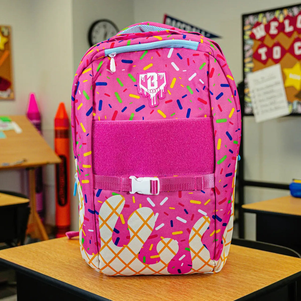 Strawberry Ice Cream Backpack for School and Baseball with Side Laptop Access and Expandable Bottle Pouches