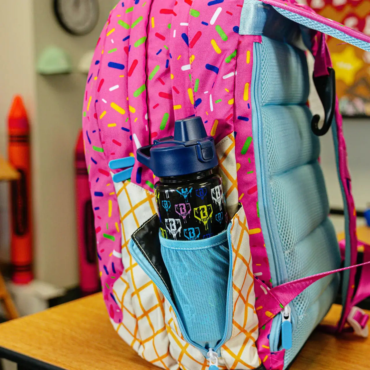 Strawberry Ice Cream Backpack for School and Baseball with Side Laptop Access and Expandable Bottle Pouches